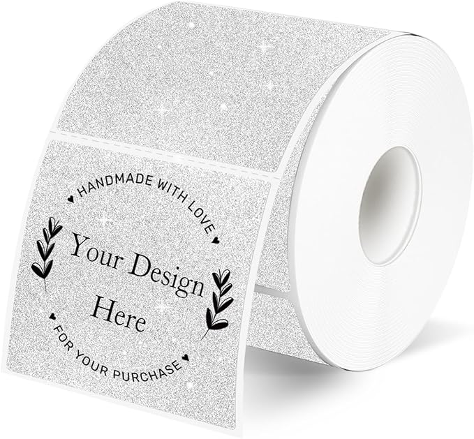 2" x 2" Square Thermal Labels Stickers, Holographic Glitter Thermal Stickers Labels, Waterproof Direct Thermals Label for Small Business, DIY Design- Silver