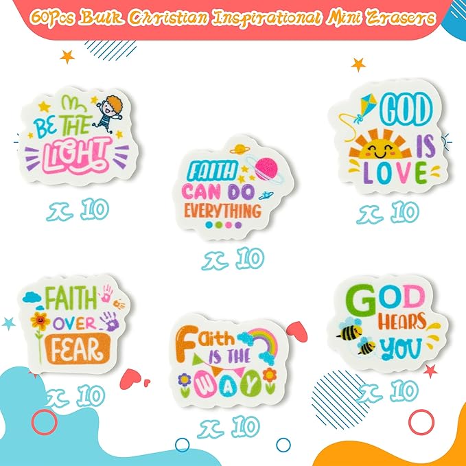60Pcs Christian Inspirational Mini Eraser Back to School Inspirational Faith Over Fear Pencils Erasers Colorful Sun Bee Flowers 3D Desk Puzzle Erasers Pet for Student Back to School Supplies