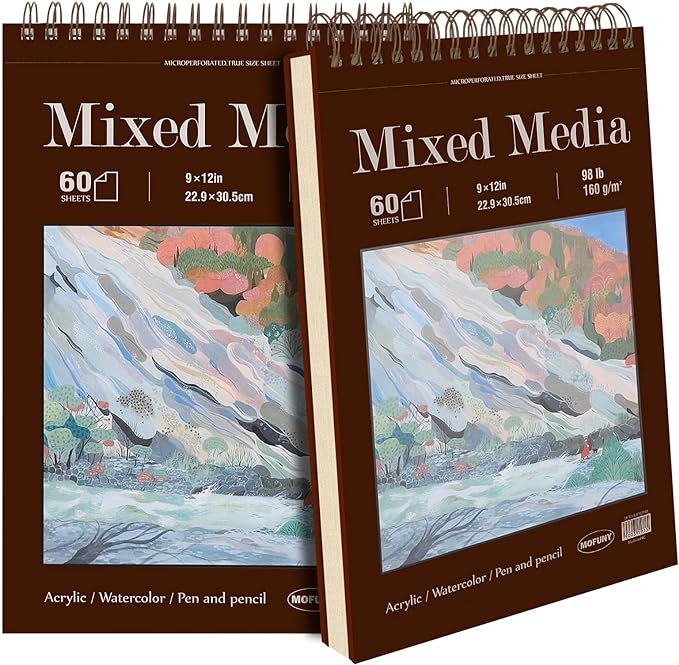 Mixed Media Sketchbook 9" x 12", 60 Sheets Each (98lb/160gsm), 2 Pack, Heavyweight Drawing Papers, Top Spiral Bound Hardcover Sketchbook, for Wet and Dry Media, Drawing, Painting