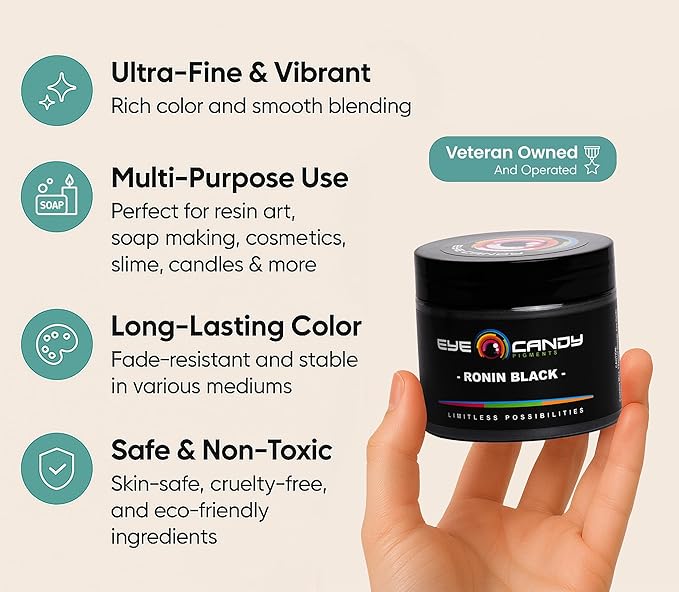 Eye Candy Pigments Premium Black Mica Powder - Ronin Black (50gr) - for Epoxy, Resin, Soap, Paint, Woodworking, Acrylic Pouring, Bath Bombs, Fishing Lures - DIY Arts and Crafts Additive