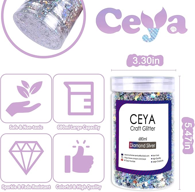 Ceya Holographic Chunky Glitter, 1 LB/ 16OZ Laser Diamond Silver Bulk Craft Glitter Mixed Chunky Fine Glitter Bottled Metallic Flake Nail Sequins for Resin, Tumblers, Scrapbooking, Festival Decor, Art