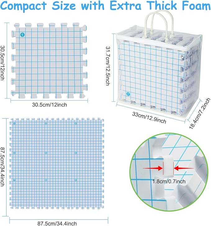 MEVOME Blocking Mats for Knitting with 20pcs Knitting Blockers 200 T-pins 104 Locking Stitch Markers, Extra Thick Block Boards with Grids Storage Bag for Needlepoint Crochet - Pack of 9 (White)