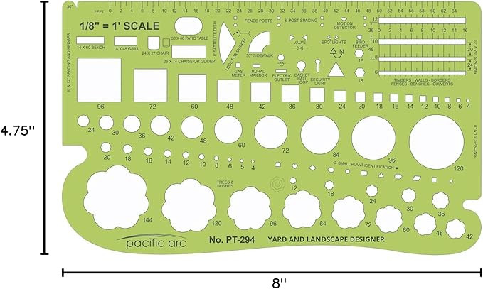 Pacific Arc, Landscape Template, 1/8 inch Scale, Drawing aid Stencil for Professional or School Work. Size 4.75 x 8 in.
