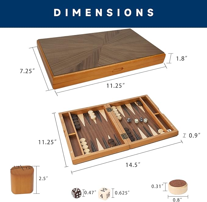 GSE Games & Sports Expert Premium Magnetic Wooden Folding Inlay Backgammon Board Game Set, Portable Travel Board Game (Focus- 11 Inches)