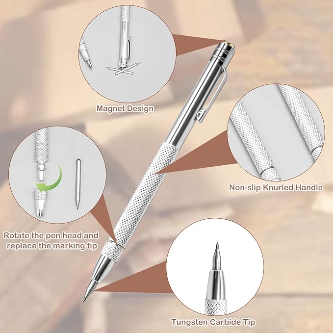 2Pcs Tungsten Carbide Tip Scriber With 12 Replacement Marking Tip, Aluminium Magnet Carbide Scribe Tool Etching Pen With Clip, Metal Engraving Pen for Glass / Ceramics / Hardened Steel / Metal Sheet