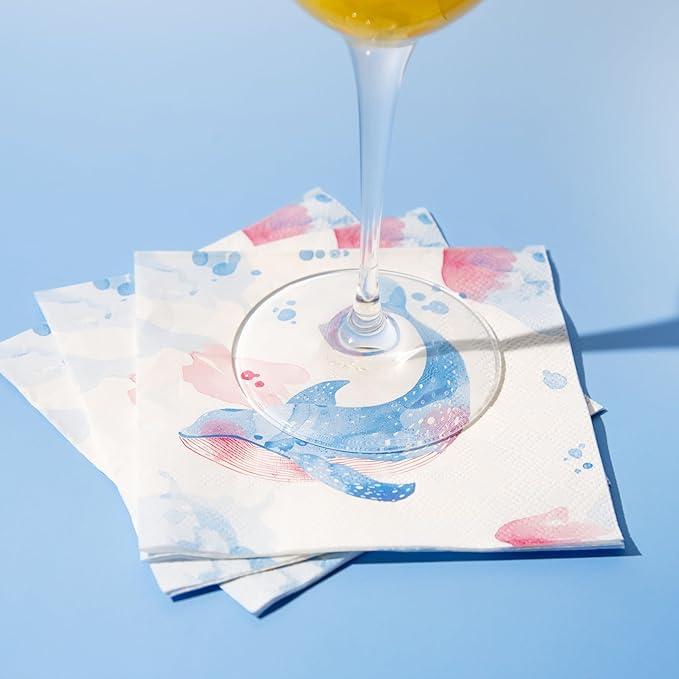 80 pcs Premium Designer Cocktail Beverage Napkins, 3-Ply 5 x 5-inches Disposable Napkin, Aqua Amore Dreams of Whale