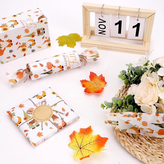 Azurestore 60 Sheets Fall Tissue Paper, Orange Gnomes Patterns Gift Tissue Paper for Gift Bags & Gifts Wrapping, Pumpkin Leaves Print Art Packaging for Autumn Harvest Thanksgiving Party Decor Craft