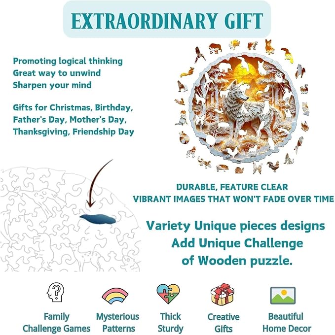 Wooden Puzzles for Adults, 3D Wolf Wooden Puzzles 200 Pieces, Unique Animal Shaped Wood Challenging Jigsaw Puzzles Gifts for Adults, 11.4x11.4in