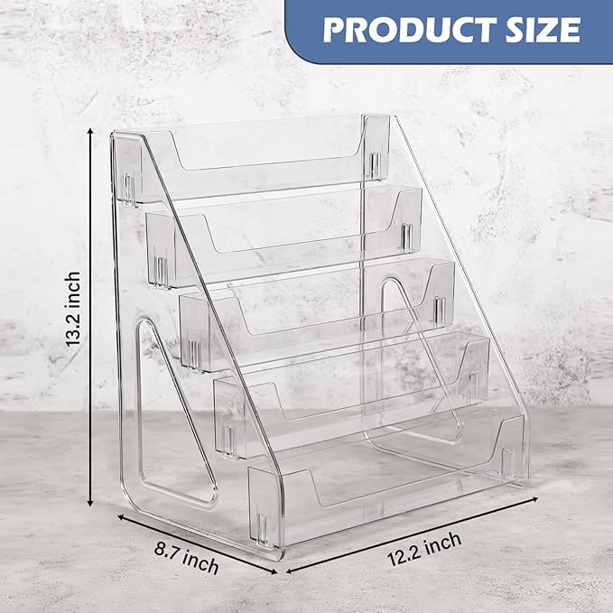 Upgraded 5 Tier Acrylic Card Display Stand, Clear Display for Greeting Cards, Sports Cards, Postcards, Stickers & Brochures, Easy Snap-On, Increased Height & Thickness for Better Presentation