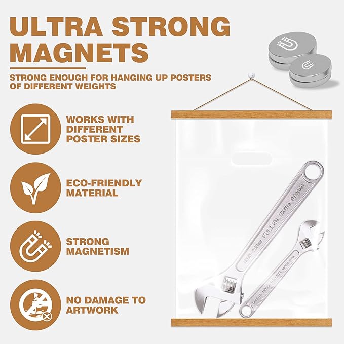 Ywlake Magnetic Poster Hanger, 26x30 26x36 26x19 Frame Wood Wooden Magnet Print Posters Dowel Scroll Hanging Kit for Walls Map Canvas Artwork (Teak Wood, 26")