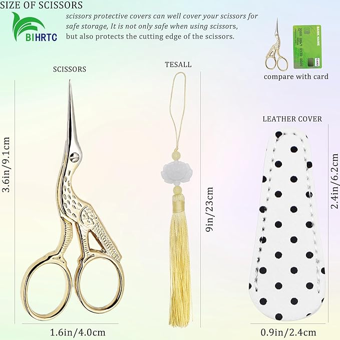 BIHRTC 3.6Inch Small Embroidery Scissors Precision Scissor with Leather Cover Tassel Stainless Steel Tip for Crafting Thread Cutting Sewing DIY Needlework Artwork Housework