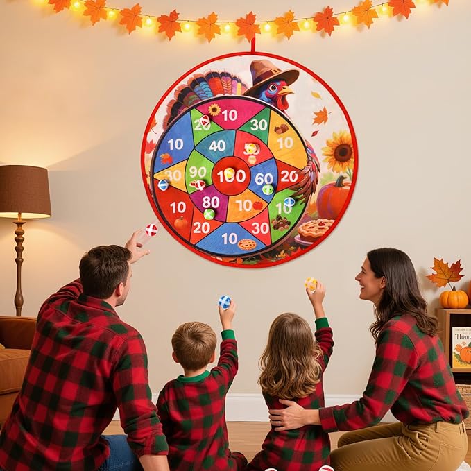 Thanksgiving Games: 29" Turkey Dart Board with PE Sticky Balls for Kids | Double-Sided Christmas Santa Toss Games for Family Party | Indoor & Outdoor Darts Set, 8 Polyethylene Balls & Darts
