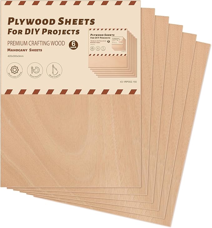 ROBOTIME 6-Pack Laser Wood Sheets 1/8" - 12 x 16 x 1/8 Inch - Mahogany - 3mm Plywood for Laser Cutting, Laser Engraving Blanks