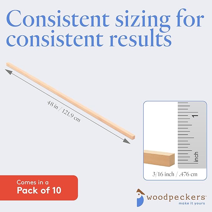 Wood Square Dowel Rods 3/16-inch x 48 Pack of 10 Wooden Craft Sticks for Crafts and Woodworking by Woodpeckers