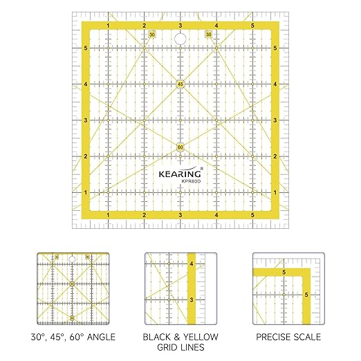 KERING Patchwork Quilting Ruler - 6x6 inch Non-Slip Acrylic Square Ruler for Foundation Paper Piecing, Bias Strips & Rotary Cutting, Durable Quilter's Tool with Anti-Slip Backing