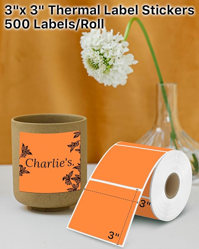 iEager Orange Square Thermal Label Stickers, 3" x 3" Self-Adhesive Square Direct Thermal Labels with Perforation Line, 500 Sheets/Roll