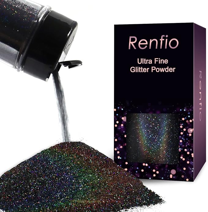 Renfio Holographic Ultra Fine Glitter Powder Metallic Resin Glitter 2.11 Oz (60g) PET Flakes Crafts Sequins 1/128" 0.008" 0.2mm Epoxy Chips Flakes for Tumblers Slime Olympic Decorations - Laser Black