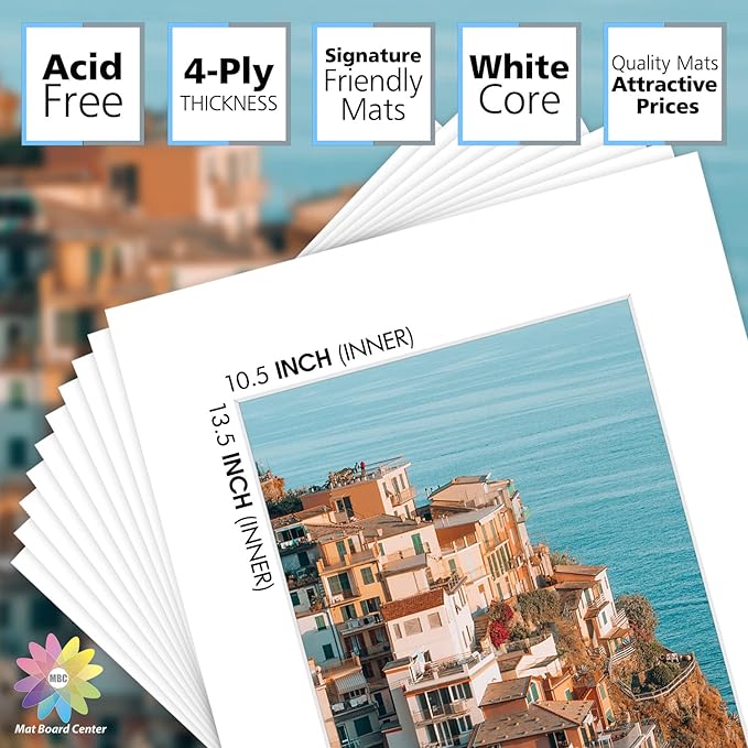 Mat Board Center, Pack of 10, 16x20 for 11x14 White Picture Mat Sets - Acid Free, 4-ply Thickness, Bevel Pre-Cut White Core - Includes Backing Boards and Clear Bags - for Pictures, Photos, Framing