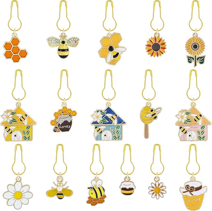BEEFLYING 16Pcs Bee Honeycomb Stitch Marker Charms, Alloy Enamel Knitting Stitch Marker Charm Pendant for Sewing Crocheting Accessories