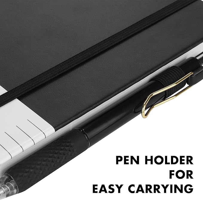 Aodaer 1 Set Lined Notebook Journal with Pen A5 Notebooks 100 GSM College Ruled Hardcover Notebook PU Leather Notepad with Pen Holder for Office School, 5.7 x 8.3 Inches, Black