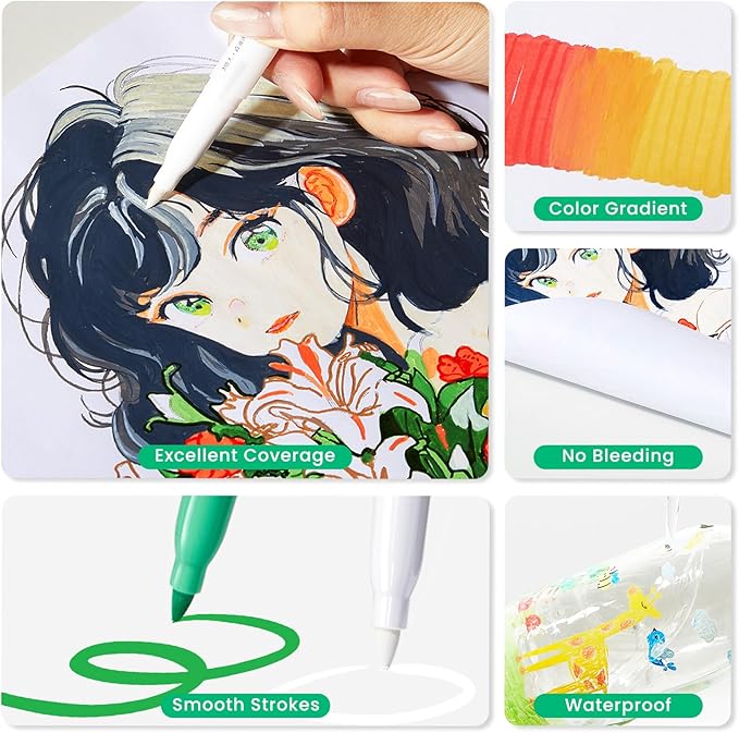 Mooking Acrylic Paint Markers Brush Tip, 36 Colors Acrylic Markers with Automatic Ink Control - 7.1G Large Capacity Quick Drying Waterproof Paint Pens for Rock, Egg, Wood, Fabric, Glass, DIY Crafts