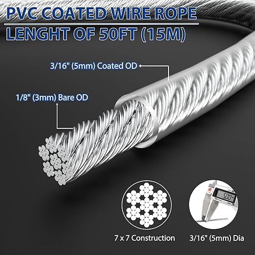 3/16" Wire Rope, 50Ft PVC Coated Steel Cable 7×7 Strand Core, Ideal Cable Railing System for Stair Handrail Balusters Porch Fence Deck, String Light Hanging, Clothesline, Curtains, Shade Sail