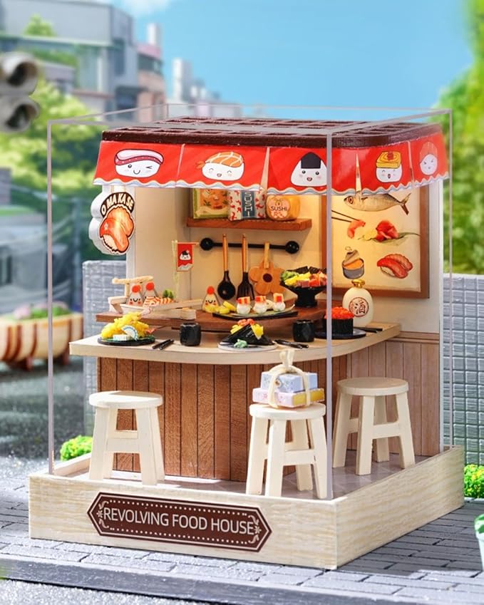 DIY Miniature House Kit, Mini House Building Kit with LED & Dust Cover, DIY Wooden Dollhouse Miniature Kit for Adults Teen, Wooden Crafts Lovely Dollhouse Kit, Revolving Food House