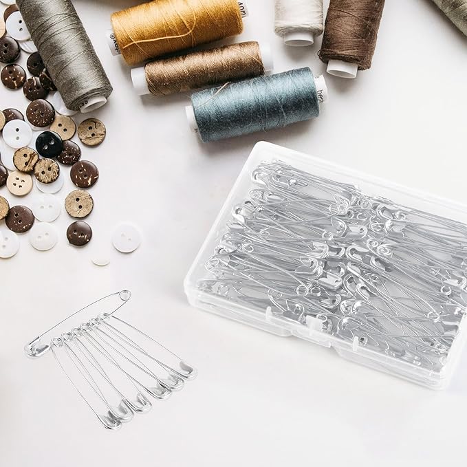 100 Pack Silver Safety Pins Assorted, Galvanized Steel Bulk Safety Pins for Sewing, Clothes, Arts & Craft (1.8 Inch / 45 mm)