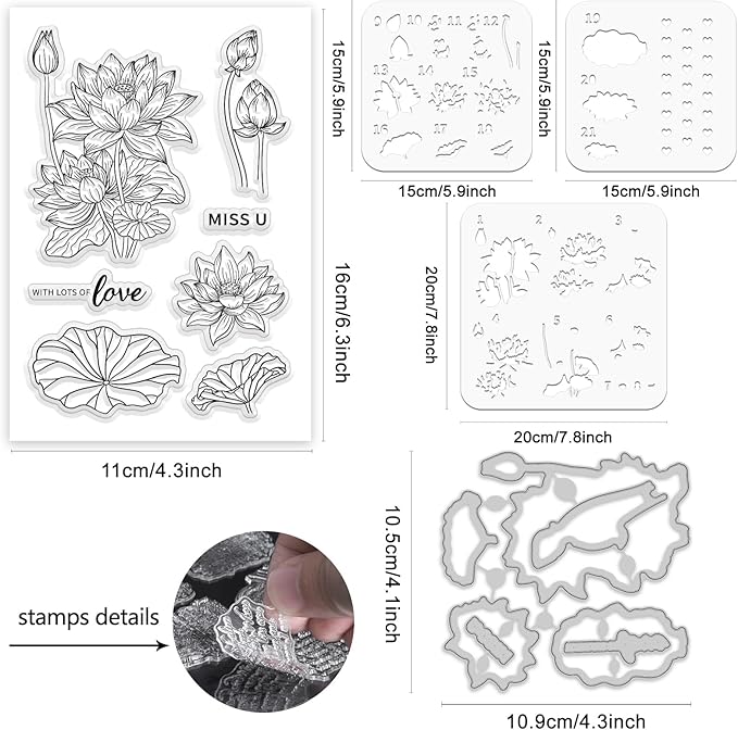ORIGACH Lotus Layering Stencil Stamp and Die Set for Card Making, Flower Stencil Template Silicone Clear Stamps and Metal Die Sets for DIY Scrapbooking Photo Album Crafting