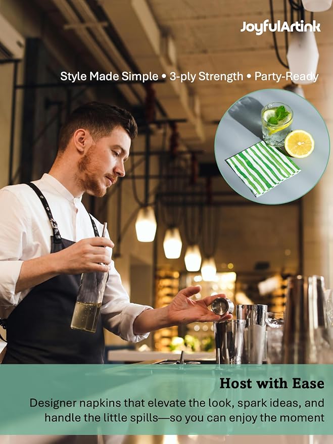 80 Pack Designer Cocktail Beverage Napkins, 3-Ply 5x5-inches Disposable Decorative Fall Winter Green and White Stripe Watercolor Napkin for Wedding Birthday Anniversary Party Baby Shower