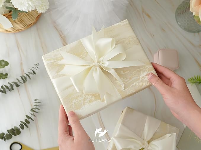 HUIHUANG Ivory Satin Ribbon 1-1/2 inch x 100 Yards Antique White Double-Faced Satin Ribbon for Flower Bouquet, Gift Wrapping, Eternal Roses, DIY Crafts, Bridal Shower Wedding Decor