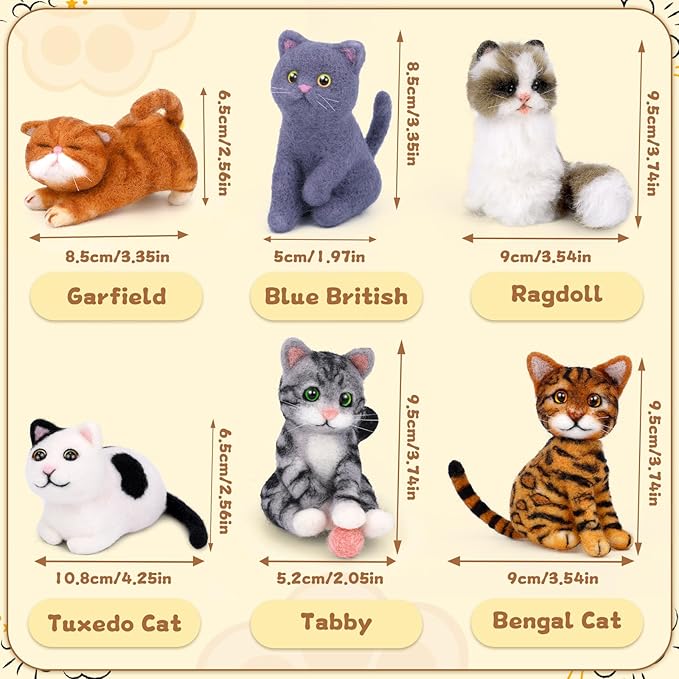 Mayboos 6 Pcs Needle Felting Kit, Animal Needle Felting Beginner Kits Wool Felt Needle Felting Tools with Instruction for DIY Craft Animal Home Decoration (Cute Cat)
