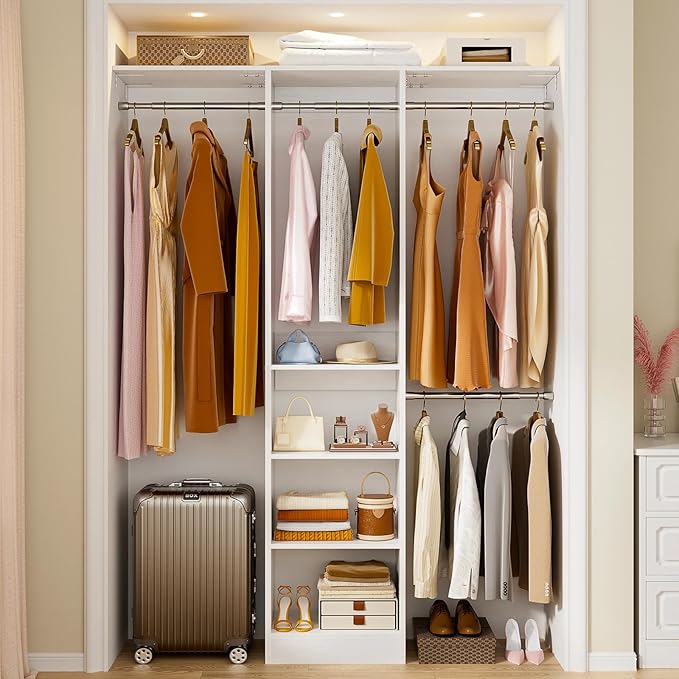 48" Small Closet Organizer, 4FT Small Closet System with 4 Closet Rods & 3 Shelves, 80"H Small Closet Organizers and Storage for Small Bedooms, Cloakrooms, Laundry Rooms, White