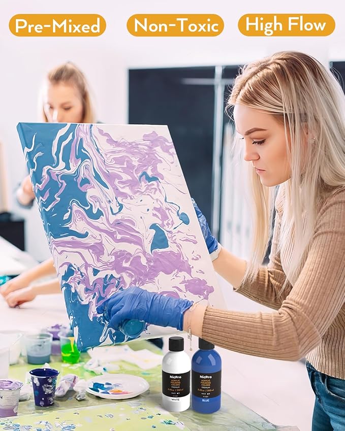 Nicpro 14 Colors 8.45oz Acrylic Pour Paint Supplies Kit, Large Volume Premixed High Flow Painting Bulk Set with Canvas, Wood Natural Slices, Pouring Oil, Tools Gloves, Strainer, Cups for Beginner DIY