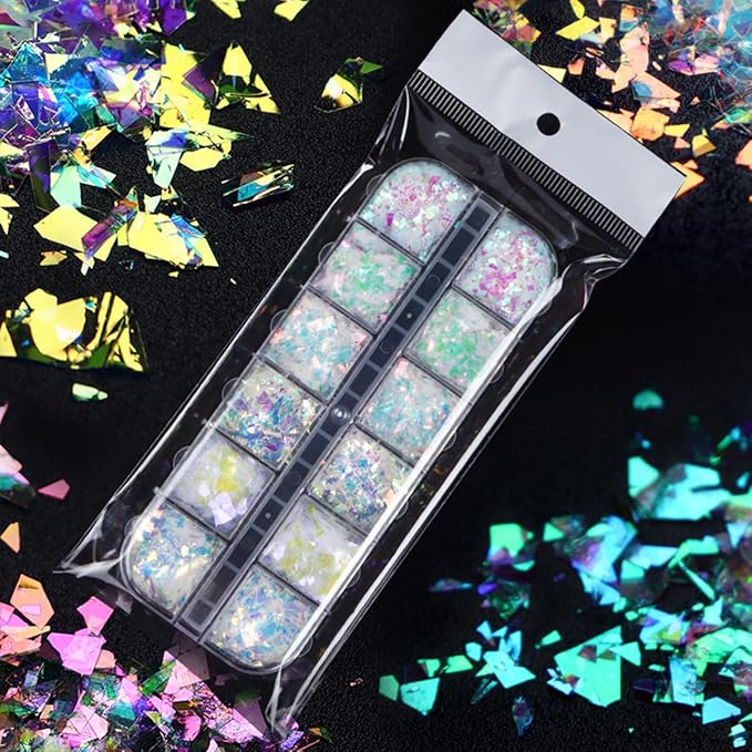 12 Colors Holographic Glitter Nail Art Sequins Aurora Iridescent Nail Flakes Glitter Chameleon Flakes Irregular Ice Slag Glass Paper Ultra Thin Mermaid Nail Glitter for Nail Art Make-up DIY Decoration