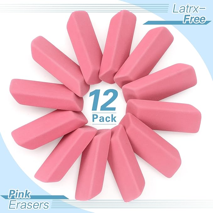 ZZTX 12 Pack Pink Erasers Pencil Erasers for Kids, Large Bulk Pink Eraser for School, Art Erasers for Drawing