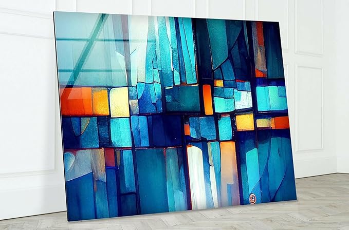 My Photostation.com 43Wx27H'' Blue Vibrant Stained Glass Wall ArtTempered Glass Printing Wall Decor Large Wall Art Wall Hangings