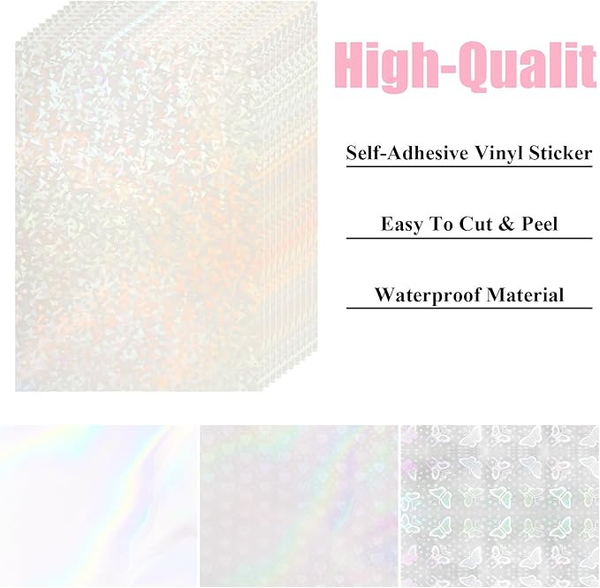 STARVAST 90 Sheets Holographic Sticker Paper, Transparent Holographic Vinyl Laminate Sheets, Self Adhesive A4 Size Printable Holographic Paper with Gem Rainbow Spot Star Patterns