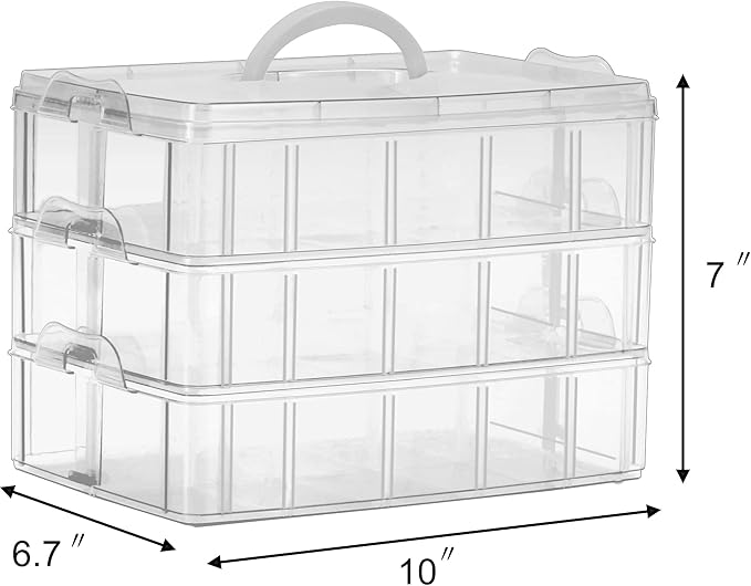 Sooyee 3-Tier Stackable Craft Organizers and Storage Box Plastic with 30 Compartments for Bead, Toys,Dolls, Arts and Craft, Washi Tape, Rock Collection, Ribbons,Clear