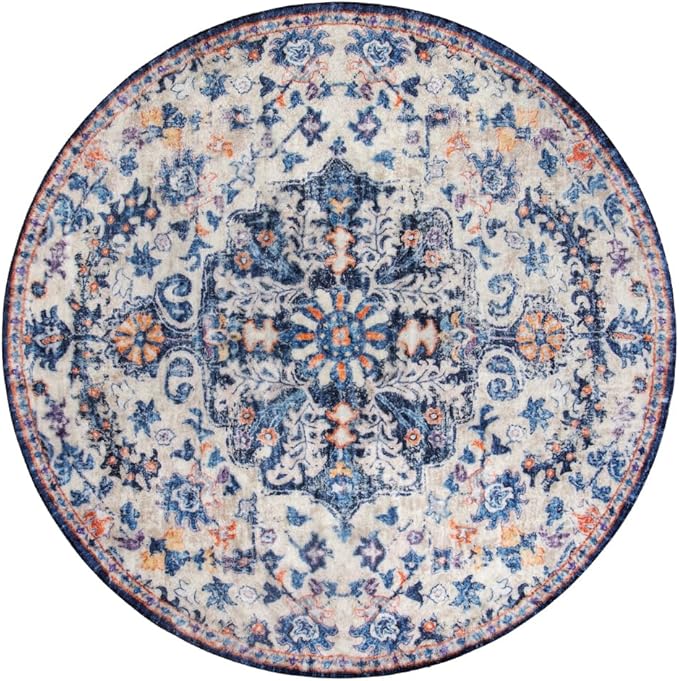 Lahome Bohemian Round Rug 3Ft Small Bedroom Round Area Rug Soft Bathroom Circle Mat, Vintage Machine Washable Non Slip Low Pile Indoor Floor Carpet for Kitchen Laundry Entryway, Blue Purple/Multi