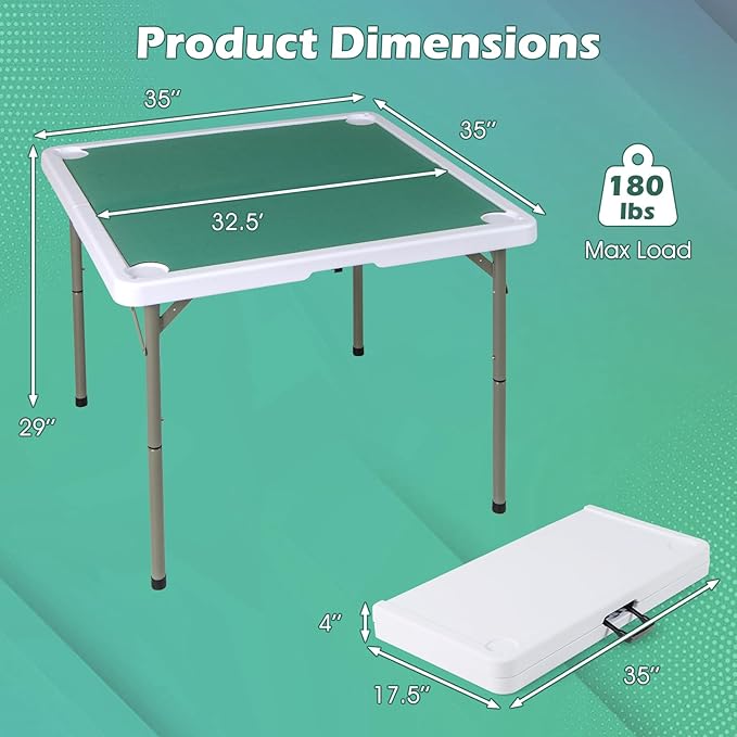 Giantex Folding Mahjong Table, 35" Square Card Table with Cup Holders, Removable Noise Reduction Mat, HDPE Tabletop, 4-Player Portable Domino Tables for Poker Blackjack Board Game (Pure Green)