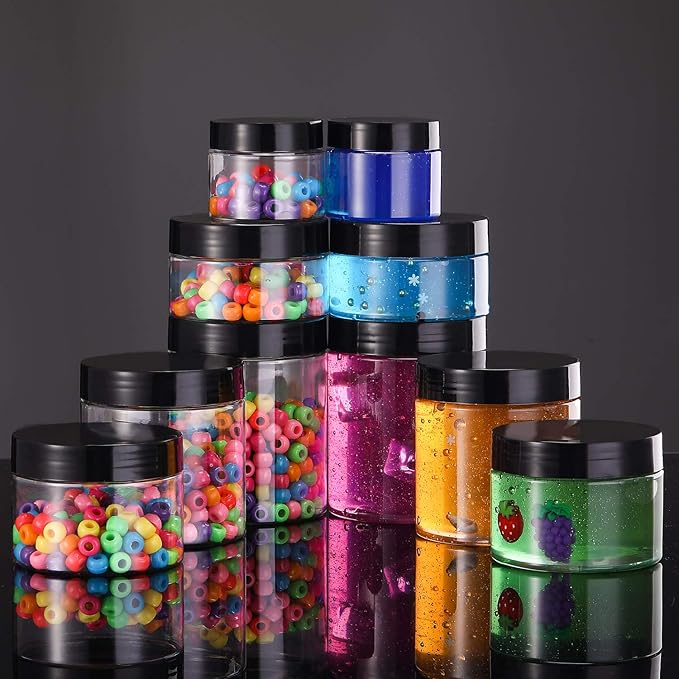 SATINIOR 12 Pack Plastic Container Jars with Lids Round Clear Travel Cosmetic Container Slime Jar for Toiletries, Lotion, Cream, Ointment, Makeup, Rhinestone, Sample, Kitchen Storage(8 oz,Black)