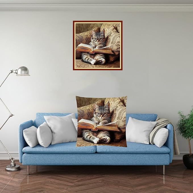 Stamped Cross Stitch Kits for Adults Beginners Pillow Needlepoint Kit with Embroidery Pattern Needlework Kit Prestamped Stitches Kit 11CT Cross Stitching-Cat Reading 18x18 inch