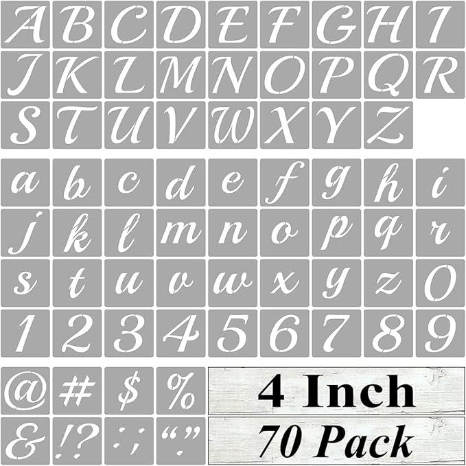 4 Inch Alphabet Letter Stencils for Painting - 70 Pack Letter and Number Stencil Templates with Signs for Painting on Wood, Reusable Cursive Letters Stencils for Chalkboard Wood Signs & Wall Art