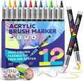 GOTIDEAL Acrylic Paint Markers Brush Tip,Waterproof Paint Pens acrylic Markers,No Bleed Acrylic Brush markers for Fabric,Wood,Rocks,Canvas Painting,Glass,Ceramic,Art Craft Supplies(12 Colors)