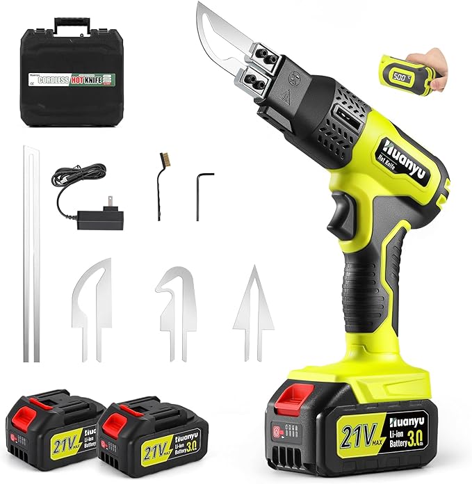 Huanyu Cordless Hot Knife with Temp. Display 100W Max 500℃ 3.0Ah Battery Powered Air Cooling Cutting Tool 4 Blades Set Electric Hot Knife Foam Cutting Tool Craft Shears for Rope, Fabric, Acrylic