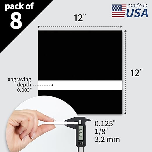 Trotec TroLase | 12"x12"x1/8", 8 Pcs | Black/White | 2 Ply | Modified Acrylic | Laser Engraving Double Color Plastic Sheet | Engraving Blanks for Laser, Saw, Guillotine | Made in USA