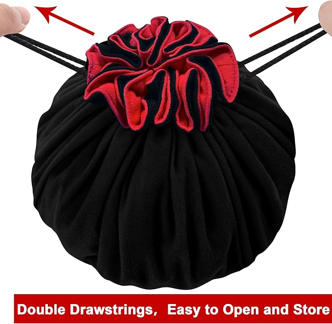 SIQUK Large Dice Bag with Pockets Drawstring Dice Bag DND Dice Storage Bag Big Capacity Dice Pouch for RPG MTG Table Games, Hold over 300 Dice (Black & Red)