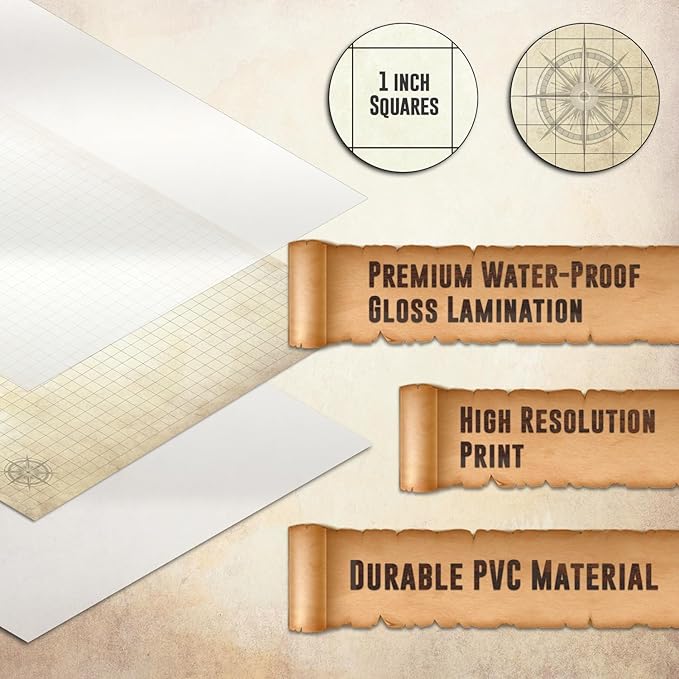 Melee Mats DND Map Starter Kit for Dungeons & Dragons Game - 35” x 48", Wet/Dry Erase Battle Terrain Grid - Ultimate Tabletop Gaming Experience with Accessories
