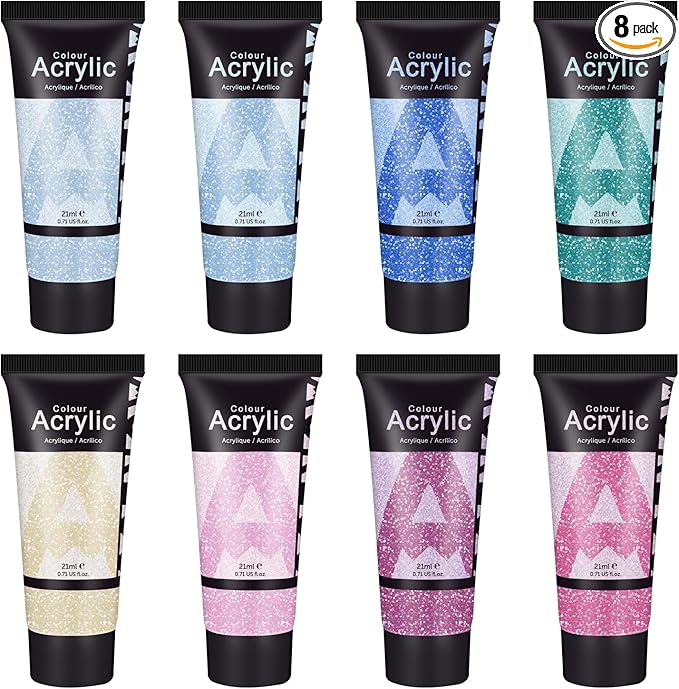 AUREUO Galaxy Glitter Acrylic Paint Set - 8 Twinkle Colors 0.71 Fl Oz / 21ml Tubes Sparkling Art Paints for Crafts Decor Non-toxic Painting Supplies for Artists